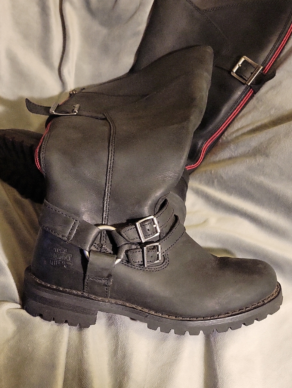 Harley-Davidson Black Leather Combat Moto Boots with Red Trim